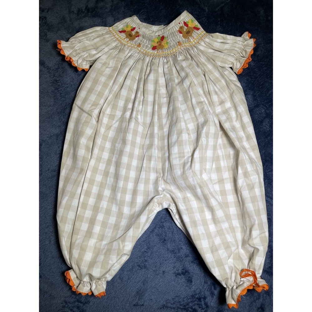 Stitchy Fish Thanksgiving Tan White Gingham Smocked Embroidered Romper Button 6M